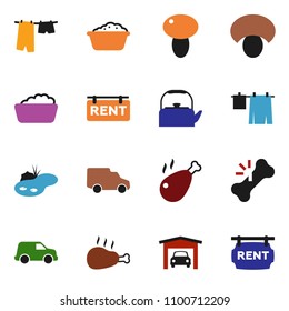 solid vector ixon set - drying clothes vector, foam basin, kettle, mushroom, chicken leg, car, broken bone, pond, garage, rent signboard