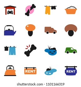 solid vector ixon set - drying clothes vector, foam basin, kettle, mushroom, car, broken bone, pond, garage, rent signboard