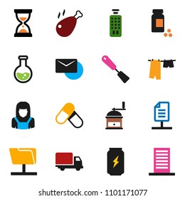 solid vector ixon set - drying clothes vector, cleaner woman, spatula, hand mill, chicken leg, flask, sand clock, pills vial, enegry drink, delivery, remote control, network folder, mail, document