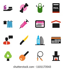 solid vector ixon set - drying clothes vector, apron, knife, jump rope, ship, calendar, dry cargo, speaking man, syringe, broken bone, mailbox, fruit tree, office building, key, fireplace