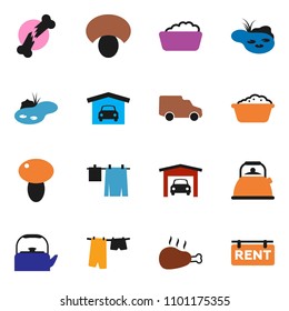 solid vector ixon set - drying clothes vector, foam basin, kettle, mushroom, chicken leg, car, broken bone, pond, garage, rent signboard