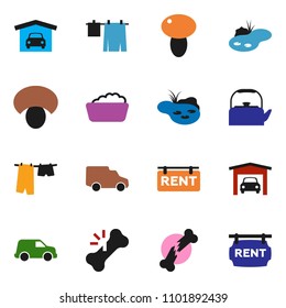 solid vector ixon set - drying clothes vector, foam basin, kettle, mushroom, car, broken bone, pond, garage, rent signboard