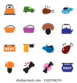 solid vector ixon set - drying clothes vector, foam basin, kettle, mushroom, chicken leg, car, broken bone, pond, rent signboard