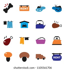 solid vector ixon set - drying clothes vector, foam basin, kettle, mushroom, chicken leg, car, broken bone, pond, garage, rent signboard