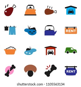 solid vector ixon set - drying clothes vector, foam basin, kettle, mushroom, chicken leg, car, broken bone, pond, garage, rent signboard