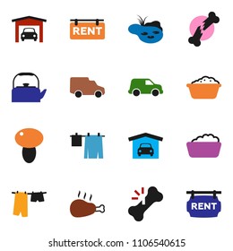 solid vector ixon set - drying clothes vector, foam basin, kettle, mushroom, chicken leg, car, broken bone, pond, garage, rent signboard
