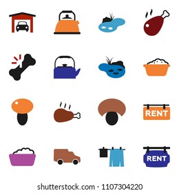 solid vector ixon set - drying clothes vector, foam basin, kettle, mushroom, chicken leg, car, broken bone, pond, garage, rent signboard