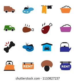 solid vector ixon set - drying clothes vector, foam basin, kettle, mushroom, chicken leg, car, broken bone, pond, garage, rent signboard