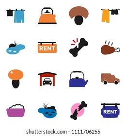solid vector ixon set - drying clothes vector, foam basin, kettle, mushroom, chicken leg, car, broken bone, pond, garage, rent signboard