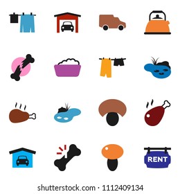 solid vector ixon set - drying clothes vector, foam basin, kettle, mushroom, chicken leg, car, broken bone, pond, garage, rent signboard