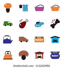 solid vector ixon set - drying clothes vector, foam basin, kettle, mushroom, chicken leg, car, broken bone, pond, garage, rent signboard