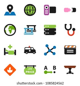 solid vector ixon set - earth vector, map pin, flammable, route, cinema clap, film frame, video camera, internet, stethoscope, hospital bed, amkbulance car, network, big data, connection, table