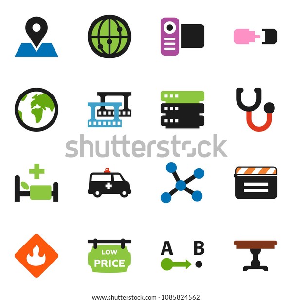 solid vector ixon set - earth vector, map pin,\
flammable, route, cinema clap, film frame, video camera, internet,\
stethoscope, hospital bed, amkbulance car, network, big data,\
connection, table