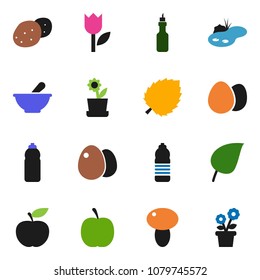solid vector ixon set - egg vector, mushroom, potato, oil, leaf, diet, water bottle, tulip, mortar, pond, flower in pot