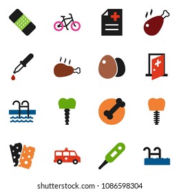solid vector ixon set - egg vector, chicken leg, bike, breads, pool, bone, thermometer, dropper, patch, anamnesis, amkbulance car, tooth implant, medical room