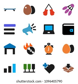 solid vector ixon set - egg vector, notebook pc, alarm clock, wallet, boxing glove, skateboard, shuttlecock, heart cross, warehouse, sorting, music hit, server, menu, loudspeaker, package