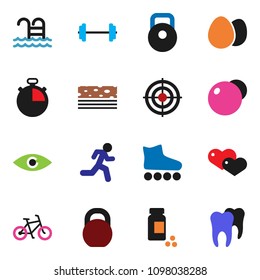 solid vector ixon set - egg vector, barbell, stopwatch, pills vial, bike, weight, fitball, roller Skates, target, breads, pool, run, heart, eye, tooth