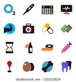 solid vector ixon set - egg vector, measuring, punching bag, muscule hand, pills, calendar, first aid kit, bone, oxygen, thermometer, syringe, sand clock, blister, diagnostic monitor, potion, tooth