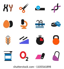 solid vector ixon set - egg vector, stopwatch, sports nutrition, stairways run, fitness mat, cereals, pool, oxygen, weight, dna, scissors, pills, eye doctor hat, microscope, chromosomes, bandage