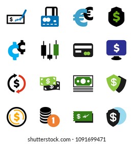 solid vector ixon set - exchange vector, dollar coin, japanese candle, credit card, stack, check, shield, monitor, euro sign, cent, money, cash