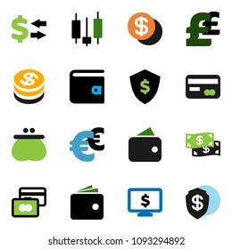 solid vector ixon set - exchange vector, japanese candle, credit card, wallet, dollar shield, monitor, euro sign, pound, coin, cash