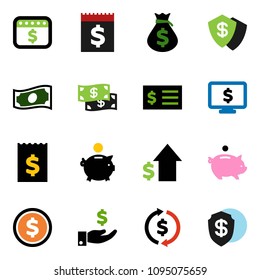 solid vector ixon set - exchange vector, dollar coin, cash, money bag, piggy bank, investment, growth, receipt, calendar, monitor, shield