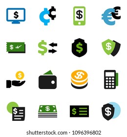 solid vector ixon set - exchange vector, investment, receipt, dollar shield, monitor, euro sign, cent, coin, wallet, cash, card reader, check, tap pay
