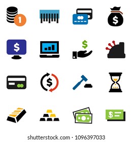 solid vector ixon set - exchange vector, gold ingot, laptop graph, money bag, investment, coin stack, auction, sand clock, monitor dollar, barcode, credit card, cashbox, check