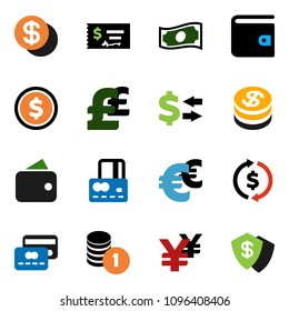 solid vector ixon set - exchange vector, dollar coin, credit card, wallet, cash, stack, check, euro sign, pound, yen, shield