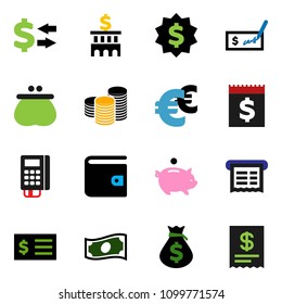solid vector ixon set - exchange vector, wallet, cash, money bag, piggy bank, coin stack, check, building, receipt, dollar medal, euro sign, card reader