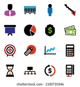 solid vector ixon set - exchange vector, graph, pie, crisis, manager, calculator, target, man, sand clock, presentation board, dollar shield, hierarchy, money, barcode, card reader