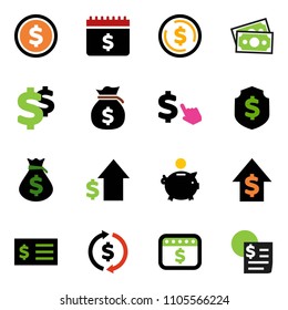 solid vector ixon set - exchange vector, dollar coin, money bag, piggy bank, growth, receipt, shield, calendar, cursor, sign