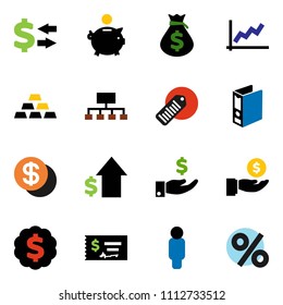 solid vector ixon set - exchange vector, graph, money bag, piggy bank, investment, dollar growth, check, man, binder, medal, hierarchy, gold ingot, barcode, coin, percent