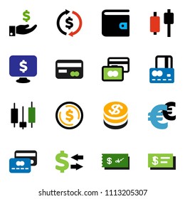 solid vector ixon set - exchange vector, dollar coin, japanese candle, credit card, wallet, investment, monitor, euro sign, check