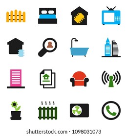 solid vector ixon set - fence vector, estate document, office building, client search, bath, cushioned furniture, heating, ari condition, tv, wireless, smart home, flower in pot, phone