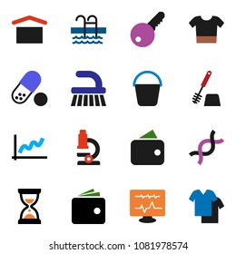 solid vector ixon set - fetlock vector, bucket, toilet brush, microscope, graph, wallet, sand clock, pills, pool, dry cargo, dna, diagnostic monitor, key, clothes