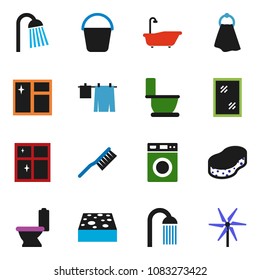 solid vector ixon set - fetlock vector, bucket, sponge, towel, window cleaning, bath, toilet, drying clothes, washer, shining, shower, windmill