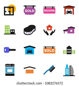 solid vector ixon set - fetlock vector, sponge, house hold, oven, school building, dry cargo, key, cottage, garage, plan, rooms signboard, sold, apartments, office