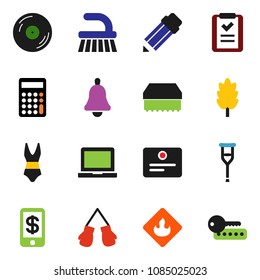 solid vector ixon set - fetlock vector, sponge, cereal, pencil, bell, notebook pc, certificate, calculator, boxing glove, swimsuite, flammable, disk, crutches, shopping list, tap pay, password