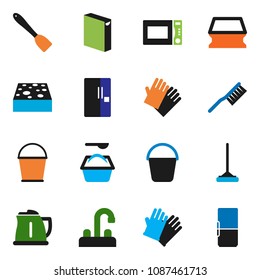solid vector ixon set - fetlock vector, mop, bucket, sponge, washing powder, rubber glove, water tap, kettle, spatula, microwave oven, fridge