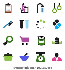 solid vector ixon set - fetlock vector, shower, pan, scales, school building, student, cart, clipboard, sports nutrition, gymnast rings, vial, magnifier, pills, mortar, loading, consumer