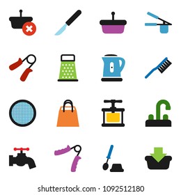 solid vector ixon set - fetlock vector, water tap, toilet brush, kettle, cook press, grater, sieve, hand trainer, scalpel, shopping bag, basket