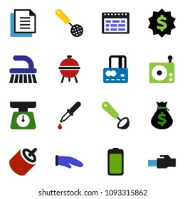 solid vector ixon set - fetlock vector, scales, cook glove, skimmer, ladle, bbq, schedule, credit card, money bag, dollar medal, document, radio, battery, rca, dropper, lan connector