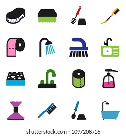 solid vector ixon set - fetlock vector, sponge, car, toilet brush, liquid soap, paper, shower, sink, water tap, bath