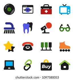 solid vector ixon set - fetlock vector, glasses, notebook pc, roller Skates, disk, microphone, tv, link, doctor bag, tooth, server, browser, phone, star, buy, home