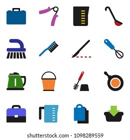 solid vector ixon set - fetlock vector, bucket, toilet brush, pan, kettle, measuring cup, whisk, ladle, case, hand trainer, scalpel, shopping bag, basket