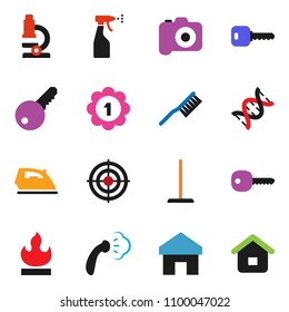 solid vector ixon set - fetlock vector, mop, iron, steaming, sprayer, microscope, target, medal, flammable, camera, dna, home, key