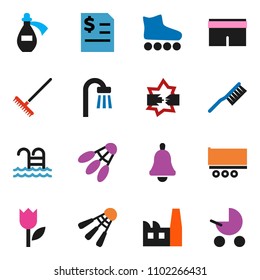 solid vector ixon set - fetlock vector, rake, bell, annual report, shorts, roller Skates, shuttlecock, pool, truck trailer, tulip, potion, disconnection, bath, factory, baby stroller