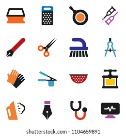 solid vector ixon set - fetlock vector, sponge, steaming, rubber glove, pan, colander, cook press, grater, pen, drawing compass, crutches, scissors, stethoscope, diagnostic monitor