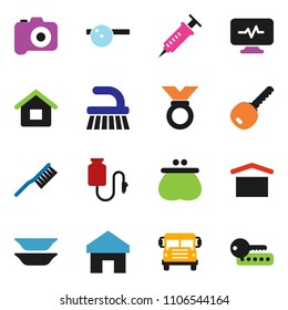 solid vector ixon set - fetlock vector, plates, school bus, medal, dry cargo, camera, syringe, eye doctor hat, diagnostic monitor, drop counter, home, house, key, wallet, password